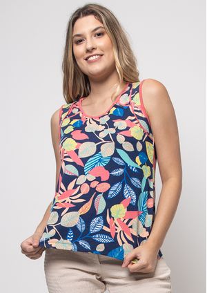 Regata Pau a Pique Estampada Azul Marinho