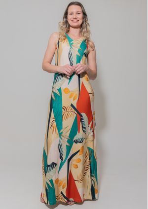 Vestido Longo Pau a Pique Estampado Mostarda e Verde