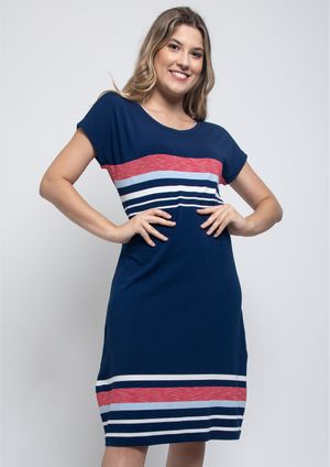 Vestido Pau a Pique Listrado Azul Marinho e Vermelho