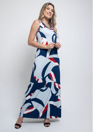 Vestido Longo Pau a Pique Estampado Azul