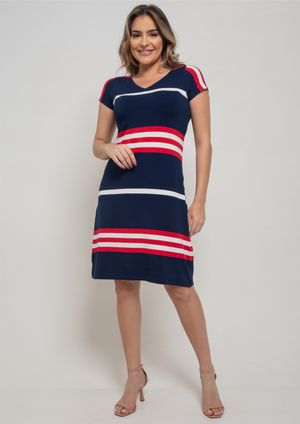 Vestido Pau a Pique Listrado Vermelho e Azul Marinho