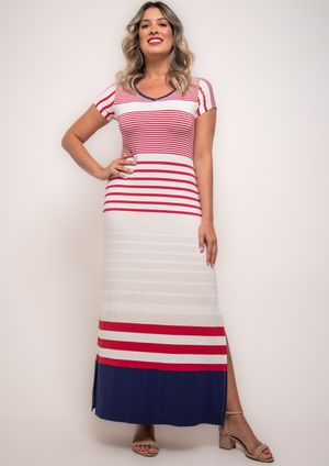 Vestido Longo Pau a Pique Listrado Vermelho e Azul Marinho