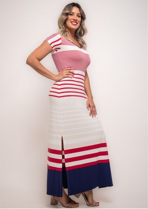 Vestido Longo Pau a Pique Listrado Vermelho e Azul Marinho
