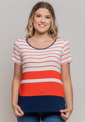 Blusa Pau a Pique Listrada Laranja e Azul Marinho