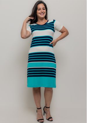 Vestido Listrado Pau a Pique Manga Curta Azul e Azul Marinho