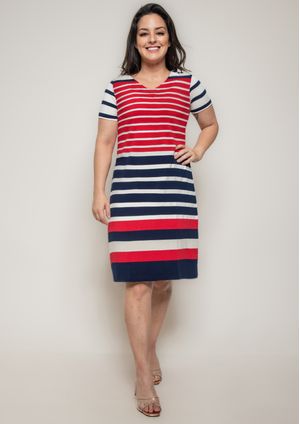 Vestido Listrado Pau a Pique Manga Curta Vermelho e Azul Marinho