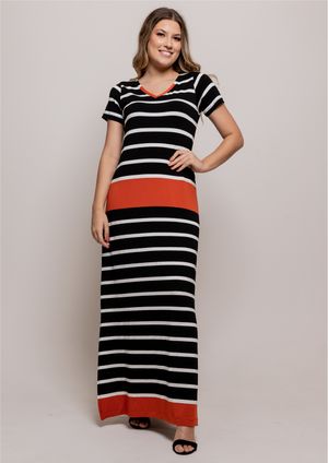Vestido Longo Pau a Pique Listrado Preto e Telha