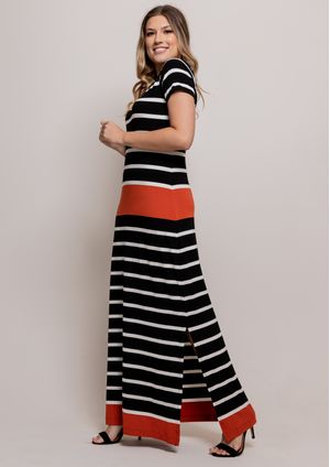 Vestido Longo Pau a Pique Listrado Preto e Telha