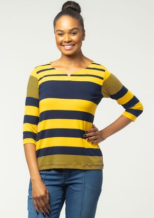 Blusa 3/4 Pau a Pique Listrada Azul Marinho e Mostarda