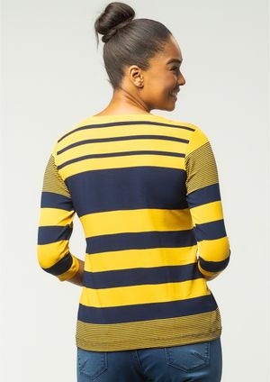 Blusa 3/4 Pau a Pique Listrada Azul Marinho e Mostarda