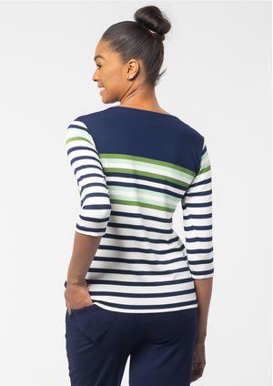 Blusa 3/4 Pau a Pique Listrada Azul Marinho e Verde
