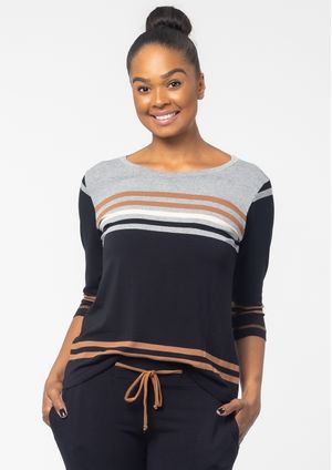 Blusa 3/4 Pau a Pique Listrada Preto e Cinza