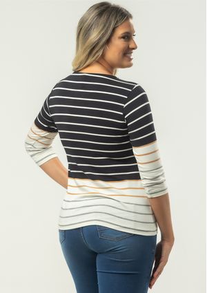 Blusa 3/4 Pau a Pique Listrada Preto e Off White