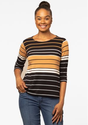 Blusa 3/4 Pau a Pique Listrada Preto e Mostarda