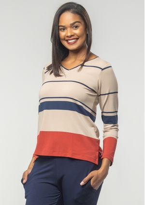Blusa Manga Longa Pau a Pique Listrada Bege e Azul Marinho
