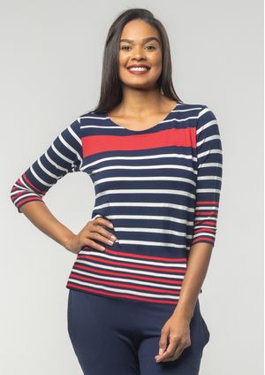 Blusa 3/4 Pau a Pique Listrada Azul Marinho e Vermelho