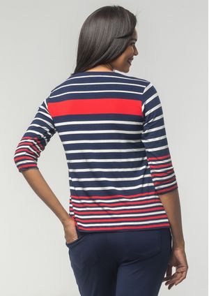 Blusa 3/4 Pau a Pique Listrada Azul Marinho e Vermelho