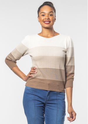 Blusa 3/4 Pau a Pique Modal Listrada Bege
