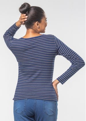 Blusa Manga Longa Pau a Pique Listrada Azul Marinho