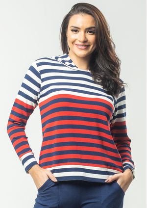 Blusa Pau a Pique Manga Longa Listrada Azul Marinho