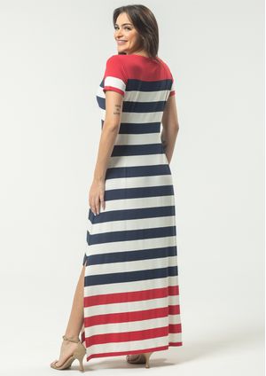 Vestido Longo Pau a Pique Listrado Vermelho e Azul Marinho
