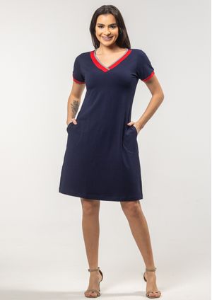 Vestido Básico Pau a Pique Manga Curta Azul Marinho