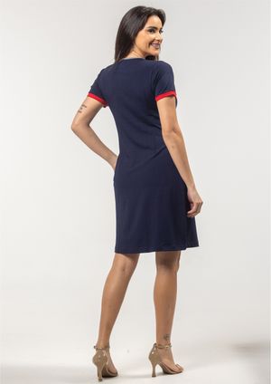 Vestido Básico Pau a Pique Manga Curta Azul Marinho