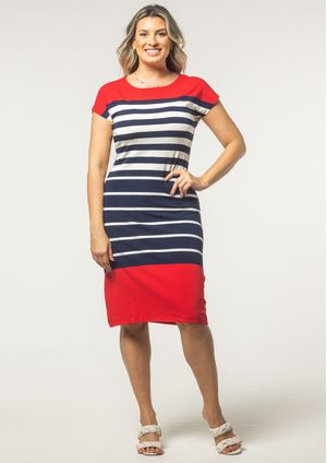 Vestido Pau a Pique Listrado Azul Marinho e Vermelho