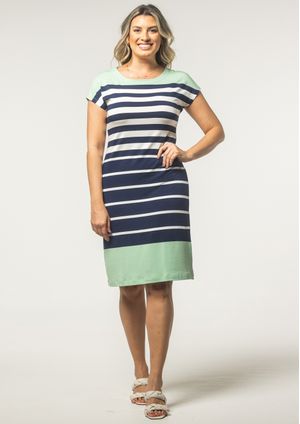 Vestido Pau a Pique Listrado Azul Marinho e Verde