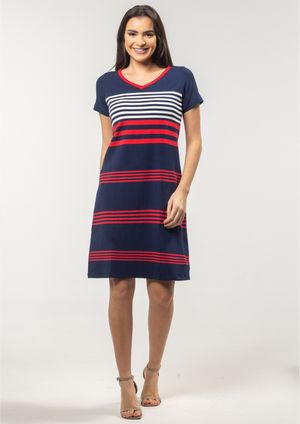 Vestido Pau a Pique Listrado Vermelho e Azul Marinho