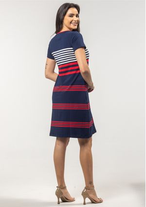 Vestido Pau a Pique Listrado Vermelho e Azul Marinho