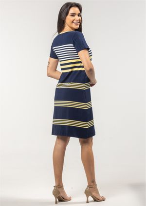 Vestido Pau a Pique Listrado Amarelo e Azul Marinho