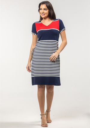 Vestido Pau a Pique Listrado Vermelho e Azul Marinho
