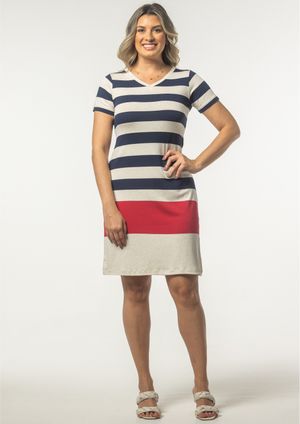 Vestido Pau a Pique Listrado Azul Marinho e Vermelho
