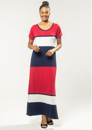 Vestido Longo Pau a Pique Listrado Vermelho e Azul Marinho