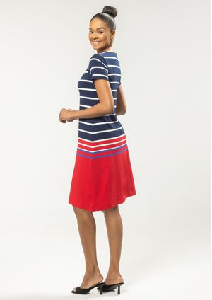 Vestido Pau a Pique Listrado Vermelho e Azul Marinho