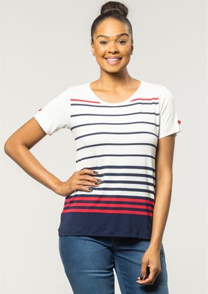 Blusa Pau a Pique Listrada Off White, Vermelho e Marinho