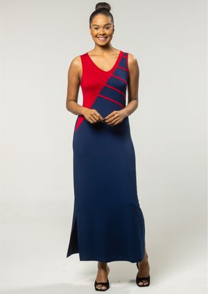 Vestido Pau a Pique Longo Azul Marinho e Vermelho