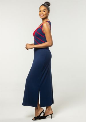 Vestido Pau a Pique Longo Azul Marinho e Vermelho