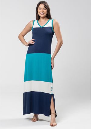 Vestido Longo Pau a Pique Listrado Azul Marinho, Branco e Azul