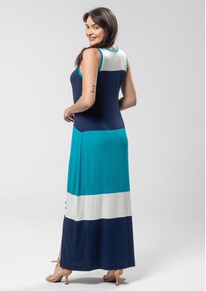Vestido Longo Pau a Pique Listrado Azul Marinho, Branco e Azul