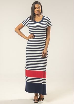 Vestido Longo Pau a Pique Listrado Azul Marinho e Vermelho