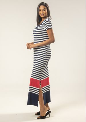 Vestido Longo Pau a Pique Listrado Azul Marinho e Vermelho