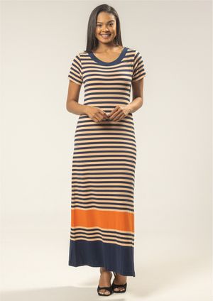Vestido Longo Pau a Pique Listrado Azul Marinho e Laranja