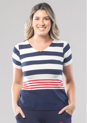 Blusa Pau a Pique Listrada Azul Marinho e Vermelho