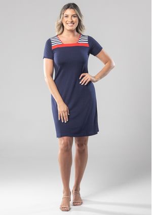 Vestido Básico Pau a Pique Manga Curta Azul Marinho