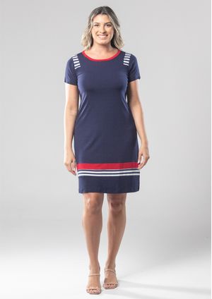 Vestido Pau a Pique Manga Curta Azul Marinho e Vermelho