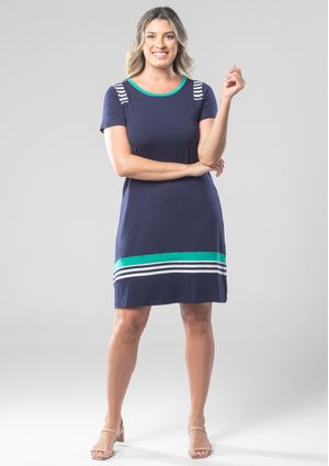 Vestido Pau a Pique Manga Curta Azul Marinho e Verde