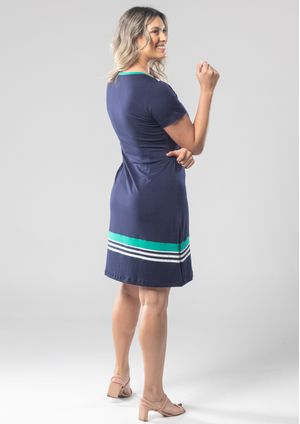 Vestido Pau a Pique Manga Curta Azul Marinho e Verde