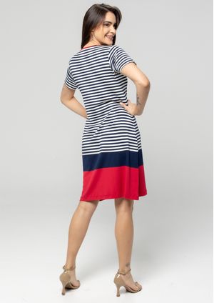 Vestido Pau a Pique Listrado Vermelho e Azul Marinho